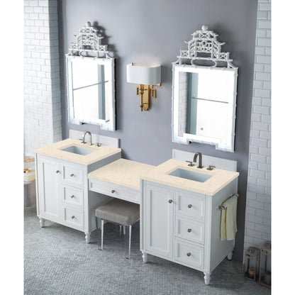 James Martin Vanities Copper Cove Encore 86" Bright White Double Vanity Set With Makeup Table, 3cm Eternal Marfil Quartz Top