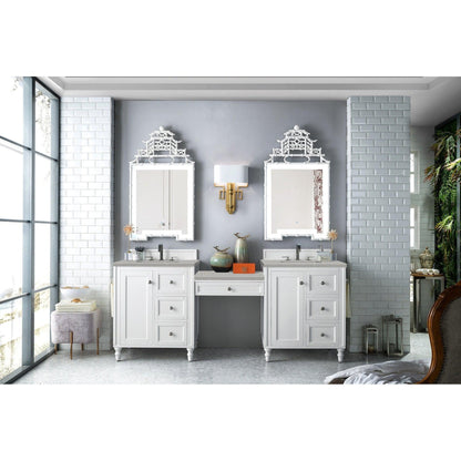 James Martin Vanities Copper Cove Encore 86" Bright White Double Vanity Set With Makeup Table, 3cm Eternal Serena Quartz Top