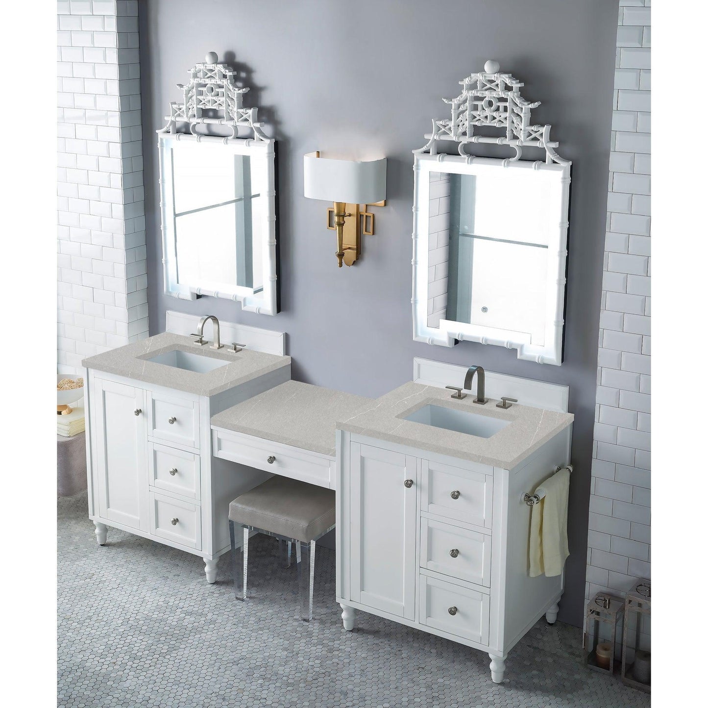 James Martin Vanities Copper Cove Encore 86" Bright White Double Vanity Set With Makeup Table, 3cm Eternal Serena Quartz Top