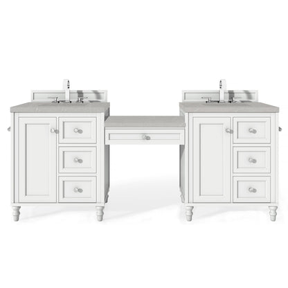 James Martin Vanities Copper Cove Encore 86" Bright White Double Vanity Set With Makeup Table, 3cm Eternal Serena Quartz Top