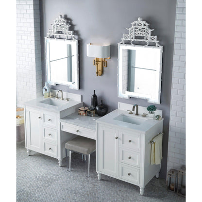 James Martin Vanities Copper Cove Encore 86" Bright White Double Vanity Set With Makeup Table, 3cm White Zeus Quartz Top