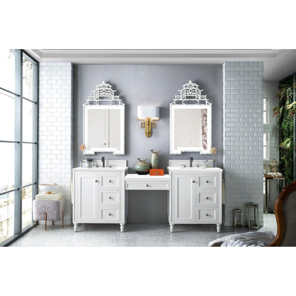 James Martin Vanities Copper Cove Encore 86" Bright White Double Vanity Set With Makeup Table, 3cm White Zeus Quartz Top