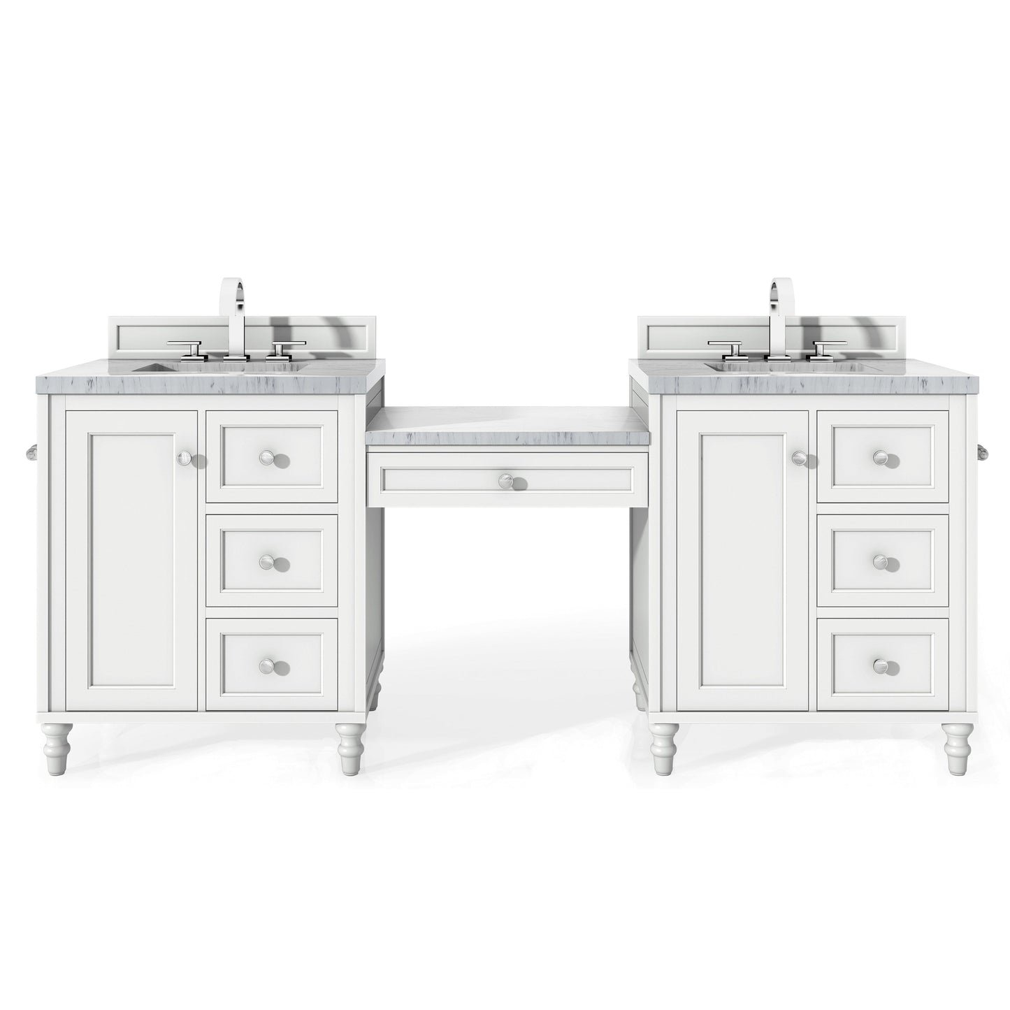 James Martin Vanities Copper Cove Encore 86" Bright White Double Vanity Set With Makeup Table and 3cm Arctic Fall Solid Surface Top