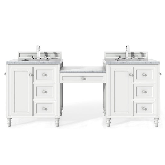 James Martin Vanities Copper Cove Encore 86" Bright White Double Vanity Set With Makeup Table and 3cm Arctic Fall Solid Surface Top