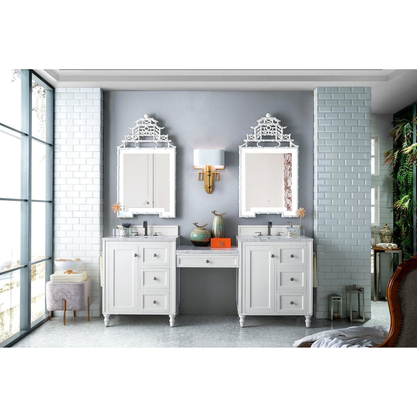 James Martin Vanities Copper Cove Encore 86" Bright White Double Vanity Set With Makeup Table and 3cm Carrara Marble Top