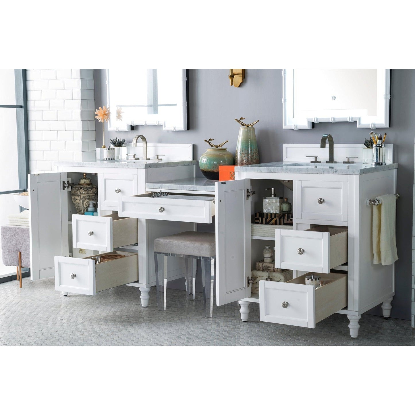 James Martin Vanities Copper Cove Encore 86" Bright White Double Vanity Set With Makeup Table and 3cm Carrara Marble Top