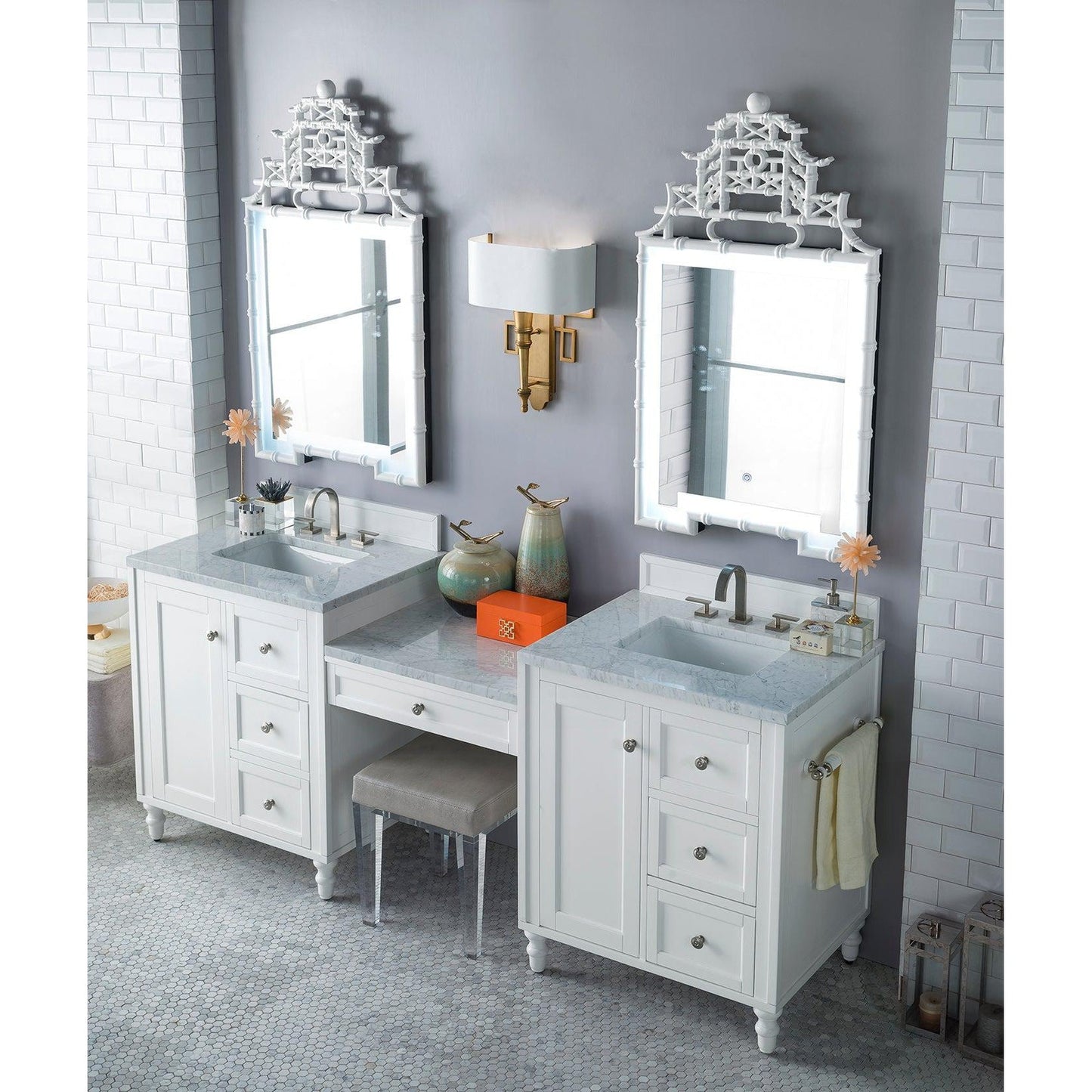 James Martin Vanities Copper Cove Encore 86" Bright White Double Vanity Set With Makeup Table and 3cm Carrara Marble Top