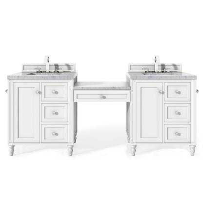 James Martin Vanities Copper Cove Encore 86" Bright White Double Vanity Set With Makeup Table and 3cm Carrara Marble Top