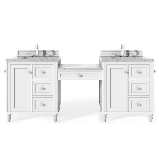 James Martin Vanities Copper Cove Encore 86" Bright White Double Vanity Set With Makeup Table and 3cm Carrara Marble Top