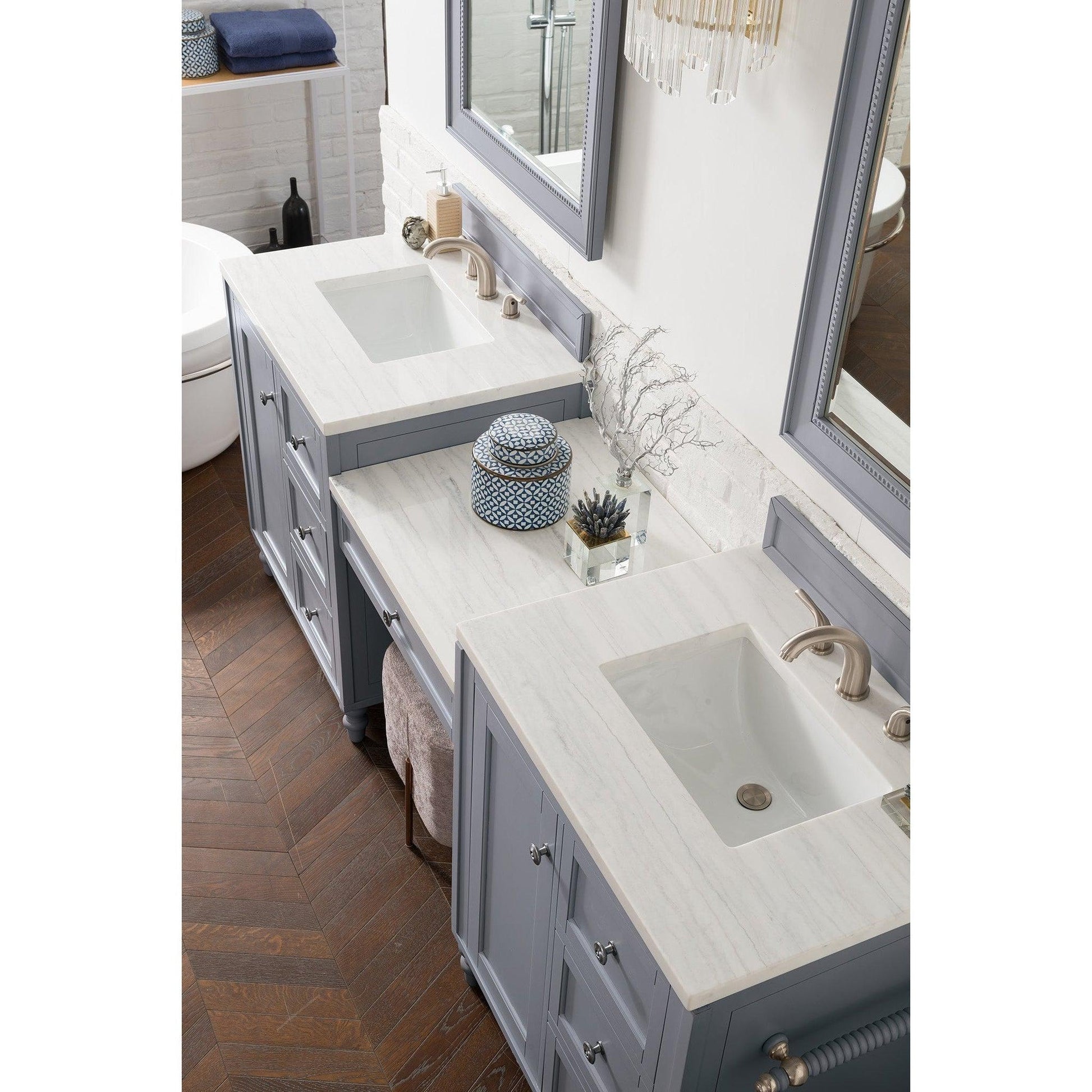 James Martin Vanities Copper Cove Encore 86" Silver Gray Double Vanity Set With Makeup Table, 3cm Arctic Fall Solid Surface Top