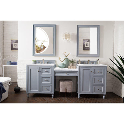 James Martin Vanities Copper Cove Encore 86" Silver Gray Double Vanity Set With Makeup Table, 3cm Arctic Fall Solid Surface Top