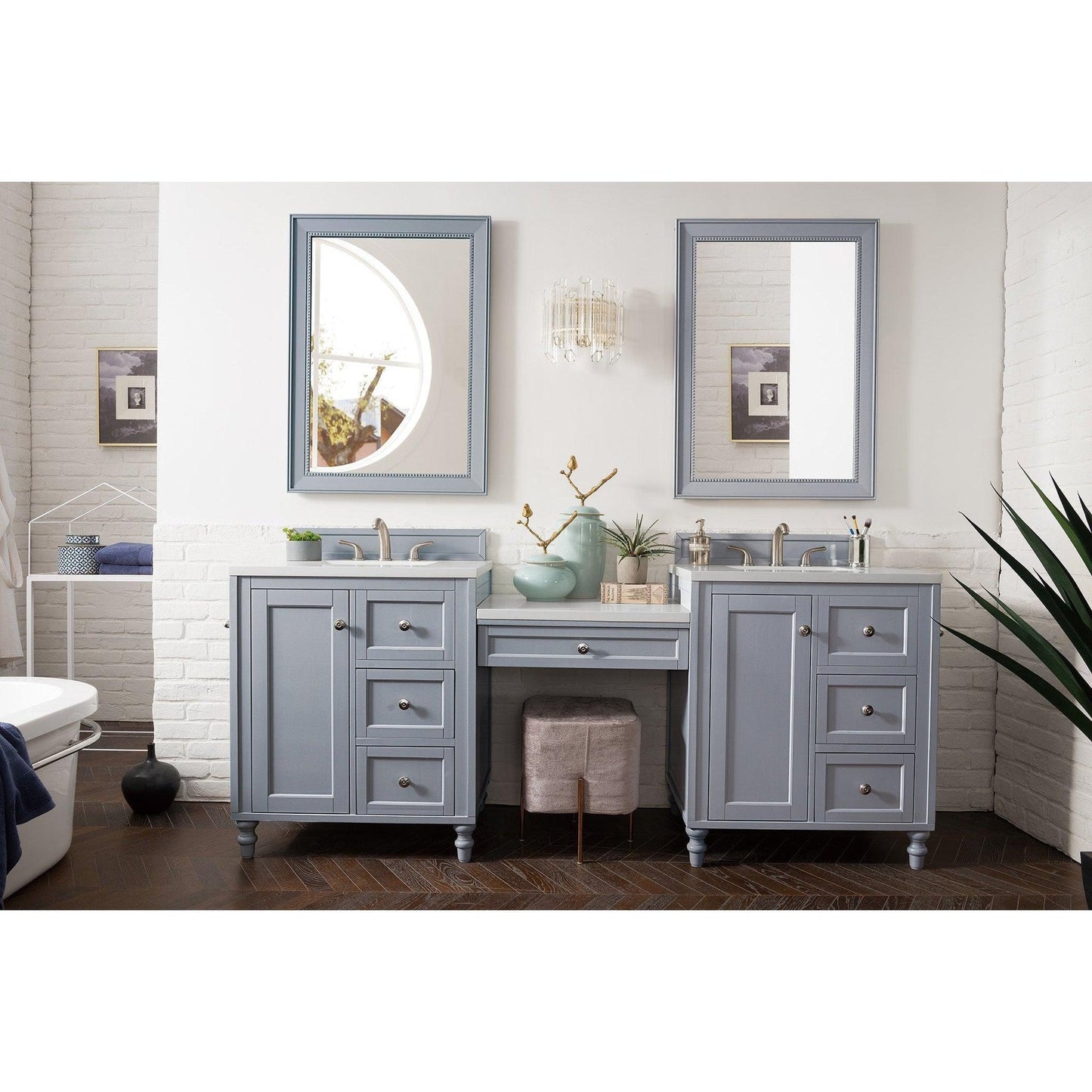 James Martin Vanities Copper Cove Encore 86" Silver Gray Double Vanity Set With Makeup Table, 3cm White Zeus Quartz Top