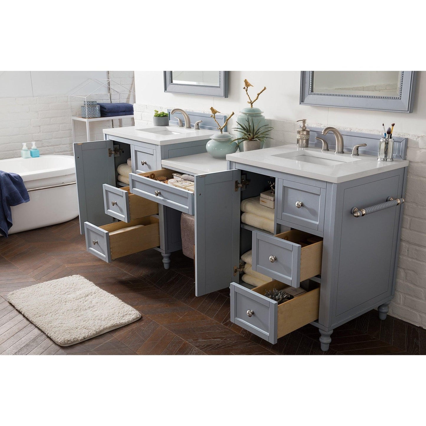 James Martin Vanities Copper Cove Encore 86" Silver Gray Double Vanity Set With Makeup Table, 3cm White Zeus Quartz Top