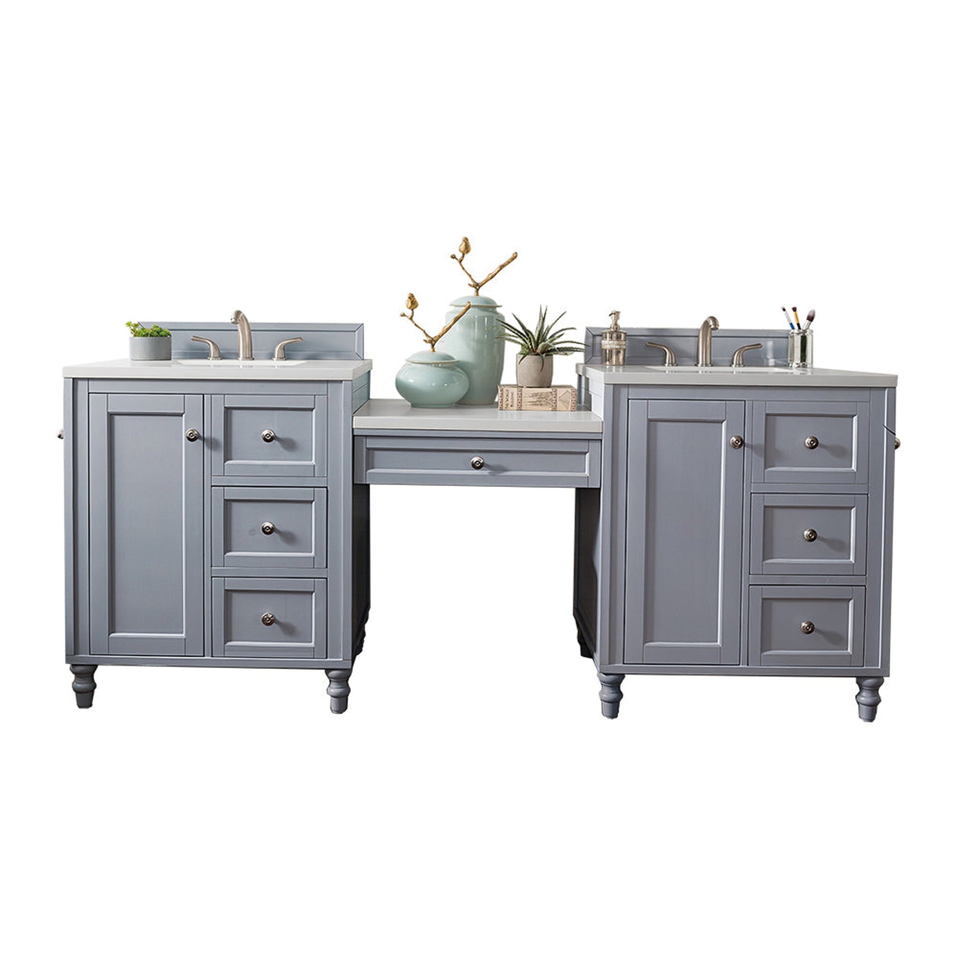 James Martin Vanities Copper Cove Encore 86" Silver Gray Double Vanity Set With Makeup Table, 3cm White Zeus Quartz Top