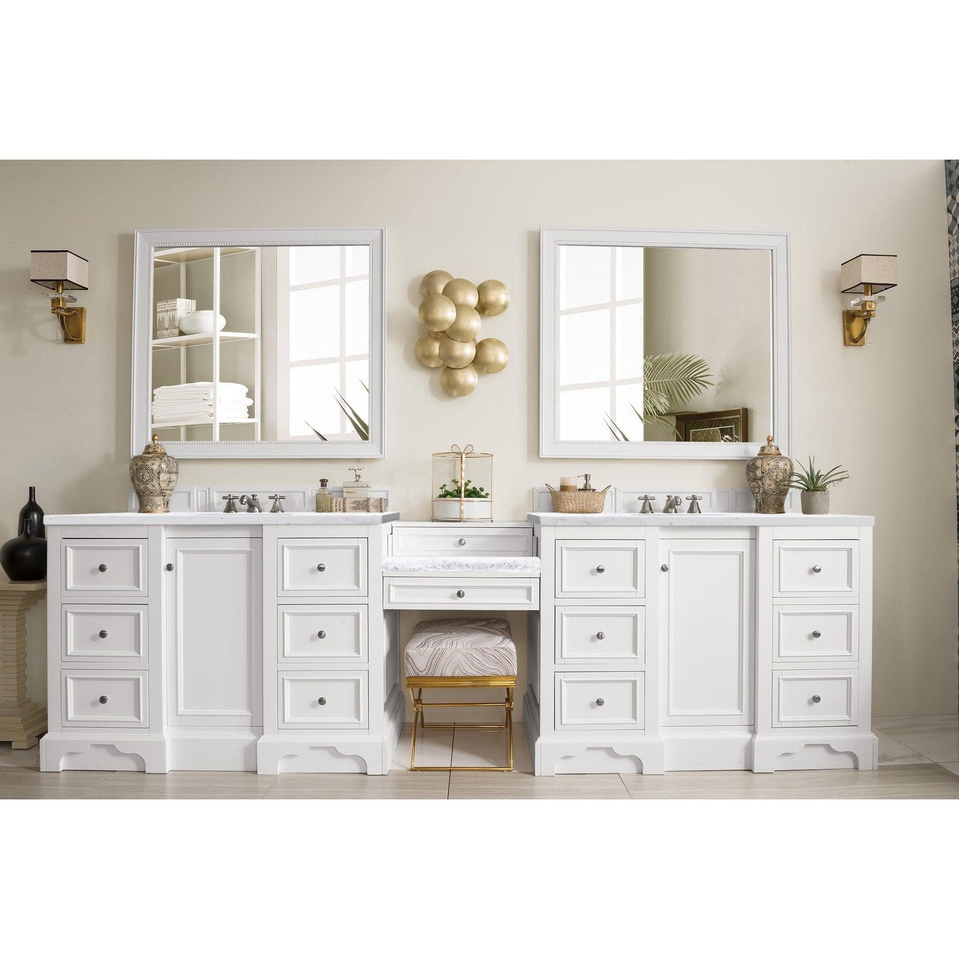 James Martin Vanities De Soto 118" Bright White Double Vanity Set With Makeup Table, 3cm Arctic Fall Solid Surface Top