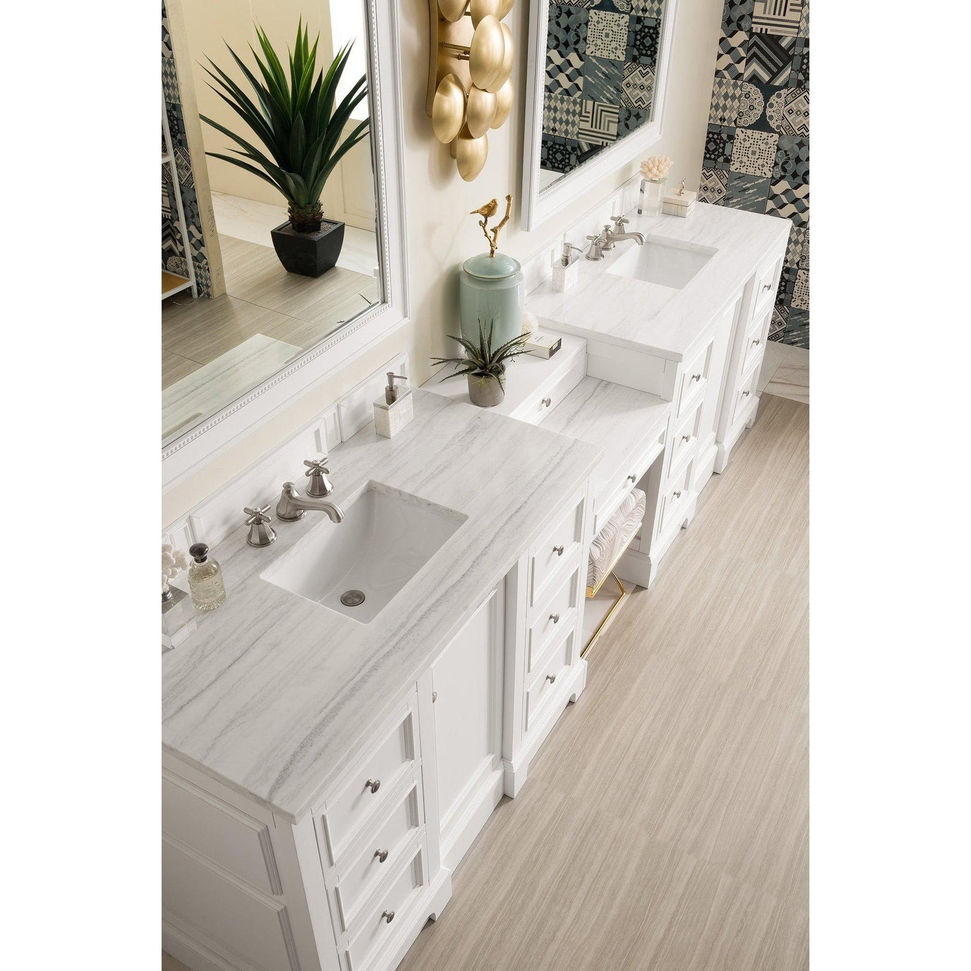 James Martin Vanities De Soto 118" Bright White Double Vanity Set With Makeup Table, 3cm Arctic Fall Solid Surface Top
