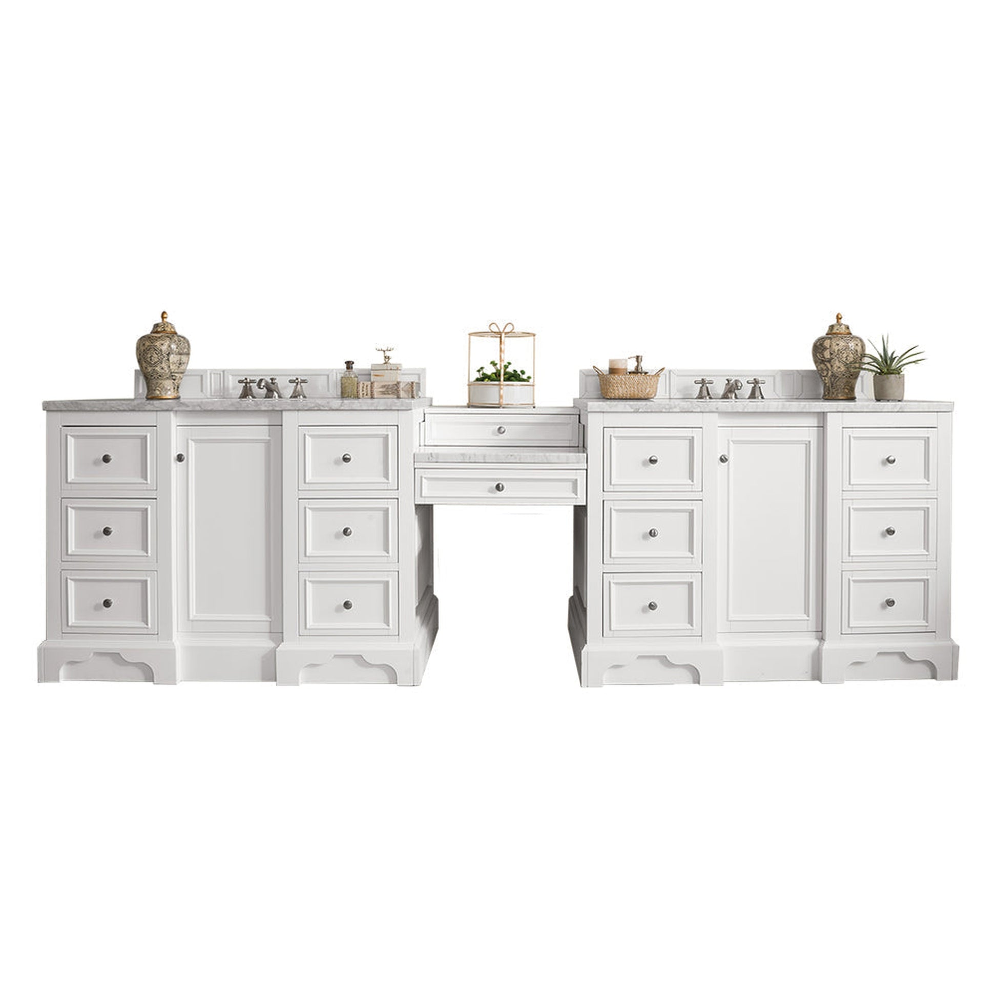 James Martin Vanities De Soto 118" Bright White Double Vanity Set With Makeup Table, 3cm Arctic Fall Solid Surface Top