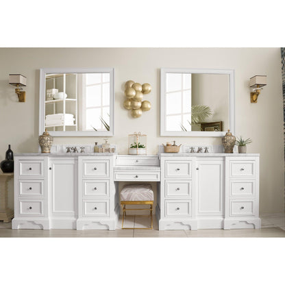 James Martin Vanities De Soto 118" Bright White Double Vanity Set With Makeup Table, 3cm Carrara Marble Top