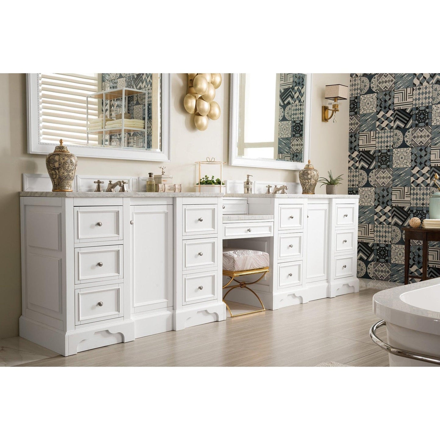 James Martin Vanities De Soto 118" Bright White Double Vanity Set With Makeup Table, 3cm Carrara Marble Top