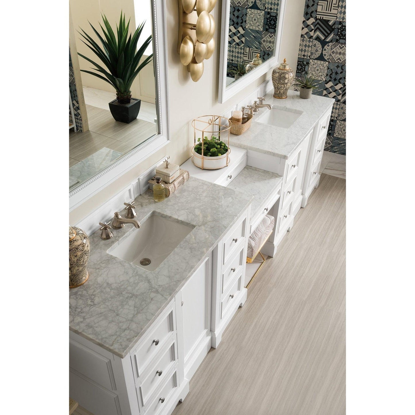 James Martin Vanities De Soto 118" Bright White Double Vanity Set With Makeup Table, 3cm Carrara Marble Top