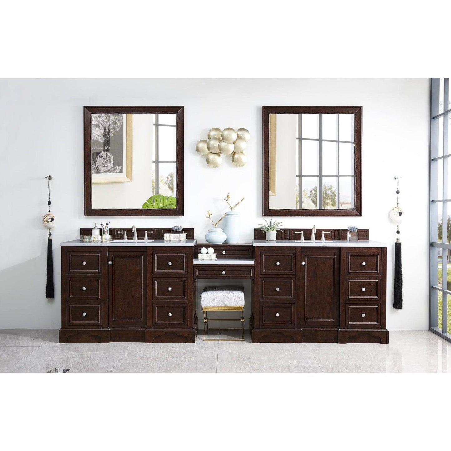 James Martin Vanities De Soto 118" Burnished Mahogany Double Vanity Set With Makeup Table, 3cm Arctic Fall Solid Surface Top