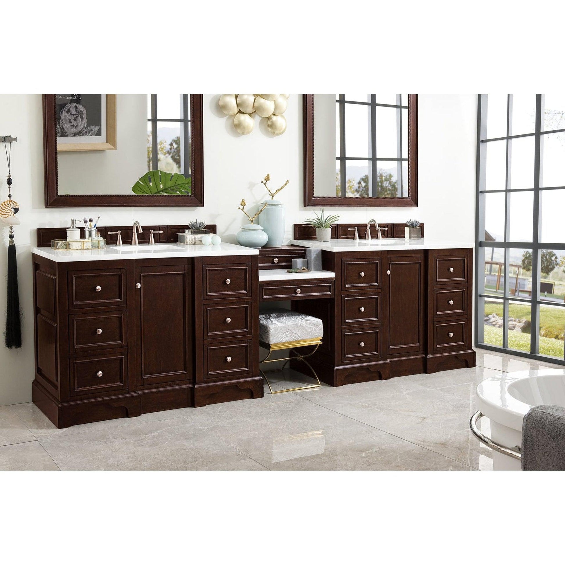James Martin Vanities De Soto 118" Burnished Mahogany Double Vanity Set With Makeup Table, 3cm Arctic Fall Solid Surface Top