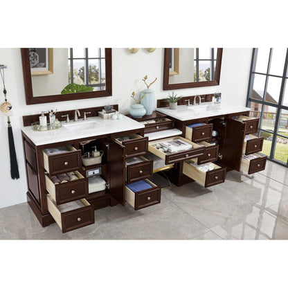 James Martin Vanities De Soto 118" Burnished Mahogany Double Vanity Set With Makeup Table, 3cm Arctic Fall Solid Surface Top