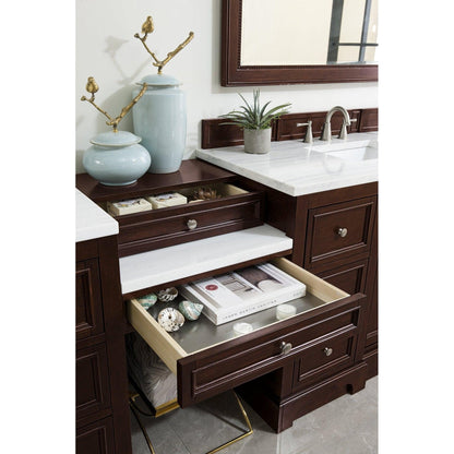 James Martin Vanities De Soto 118" Burnished Mahogany Double Vanity Set With Makeup Table, 3cm Arctic Fall Solid Surface Top