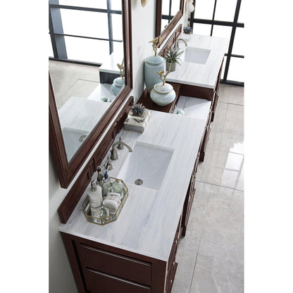 James Martin Vanities De Soto 118" Burnished Mahogany Double Vanity Set With Makeup Table, 3cm Arctic Fall Solid Surface Top