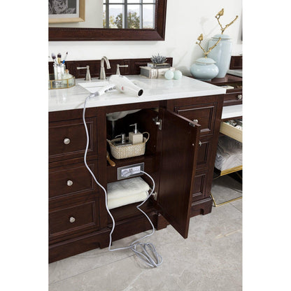 James Martin Vanities De Soto 118" Burnished Mahogany Double Vanity Set With Makeup Table, 3cm Arctic Fall Solid Surface Top