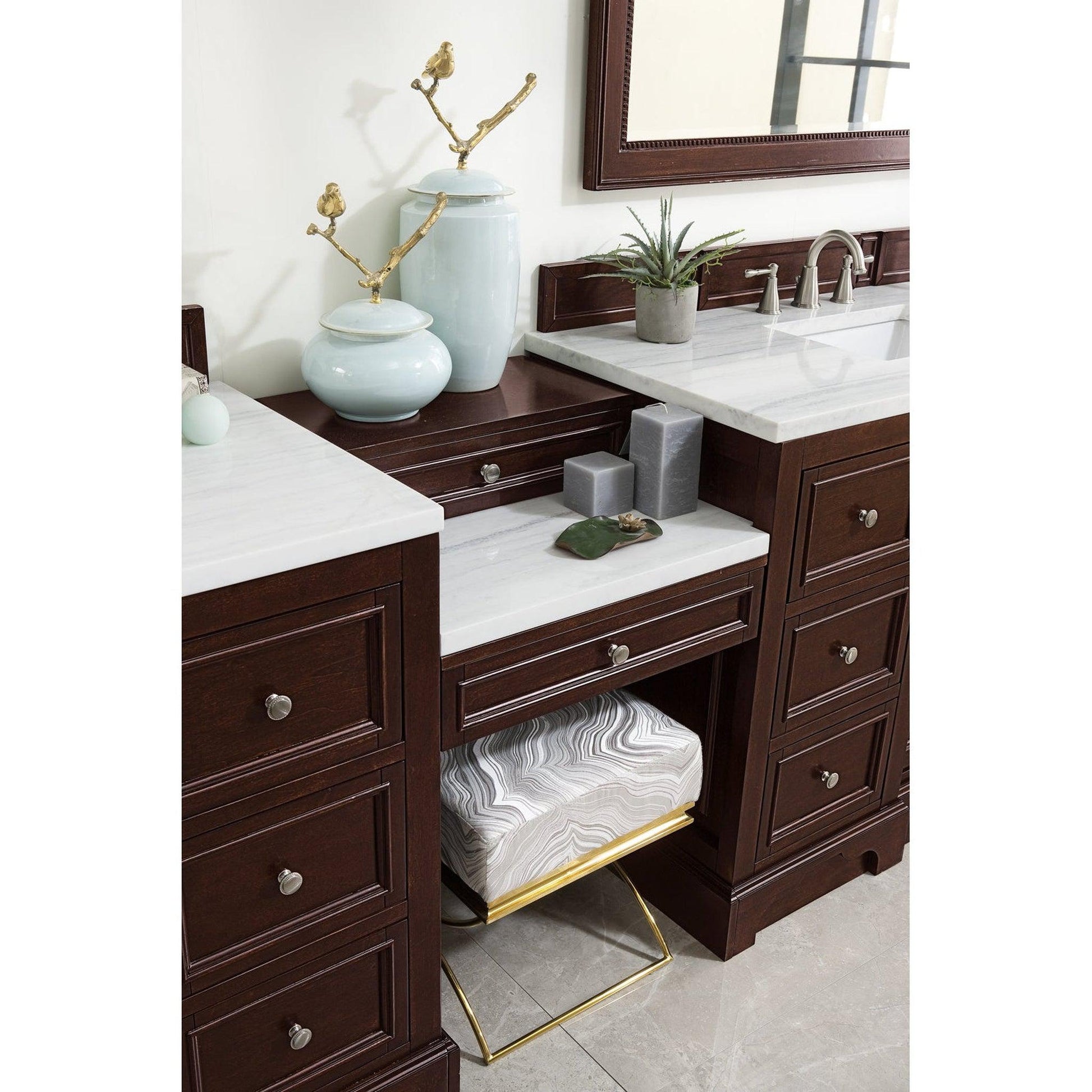 James Martin Vanities De Soto 118" Burnished Mahogany Double Vanity Set With Makeup Table, 3cm Arctic Fall Solid Surface Top