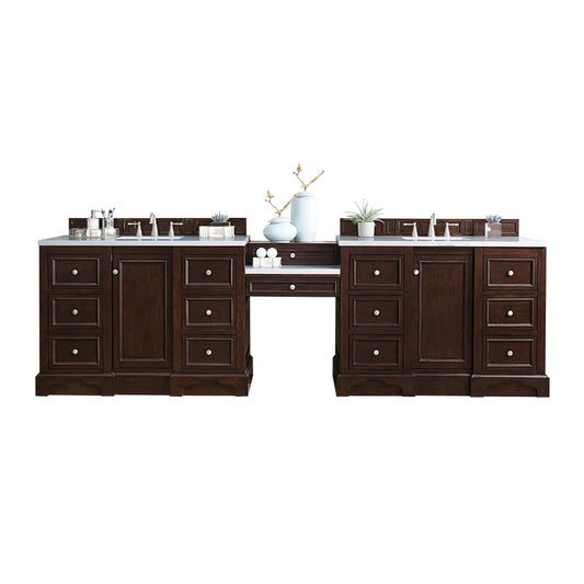 James Martin Vanities De Soto 118" Burnished Mahogany Double Vanity Set With Makeup Table, 3cm Arctic Fall Solid Surface Top