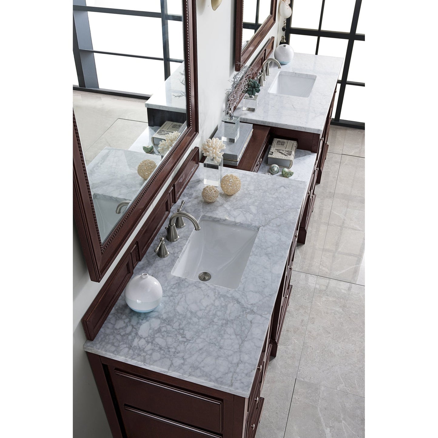 James Martin Vanities De Soto 118" Burnished Mahogany Double Vanity Set With Makeup Table, 3cm Carrara Marble Top