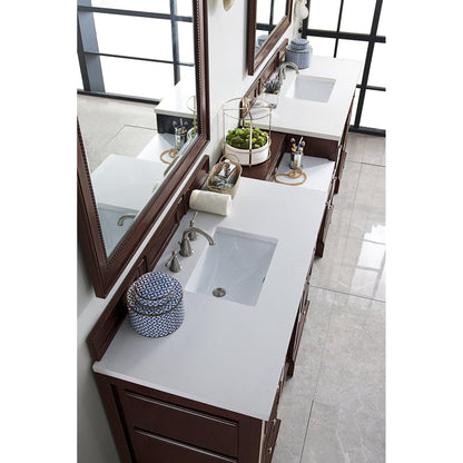 James Martin Vanities De Soto 118" Burnished Mahogany Double Vanity Set With Makeup Table, 3cm White Zeus Quartz Top