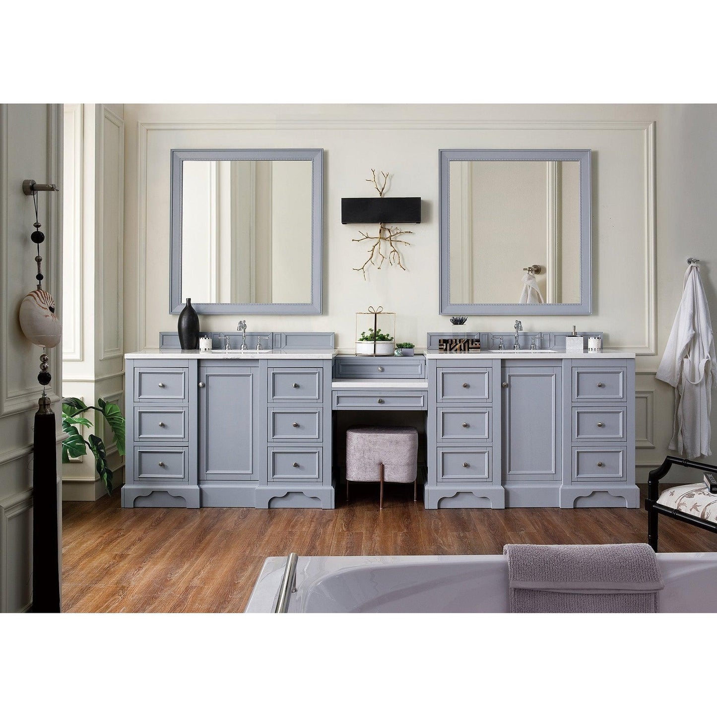 James Martin Vanities De Soto 118" Silver Gray Double Vanity Set With Makeup Table, 3cm Arctic Fall Solid Surface Top