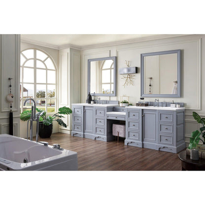 James Martin Vanities De Soto 118" Silver Gray Double Vanity Set With Makeup Table, 3cm Arctic Fall Solid Surface Top