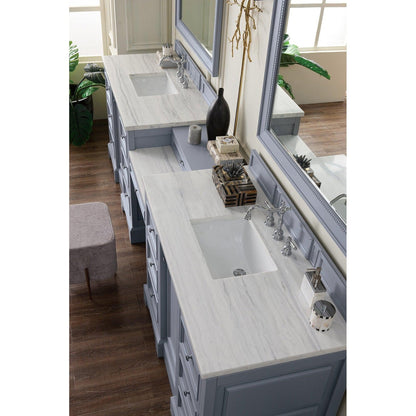 James Martin Vanities De Soto 118" Silver Gray Double Vanity Set With Makeup Table, 3cm Arctic Fall Solid Surface Top