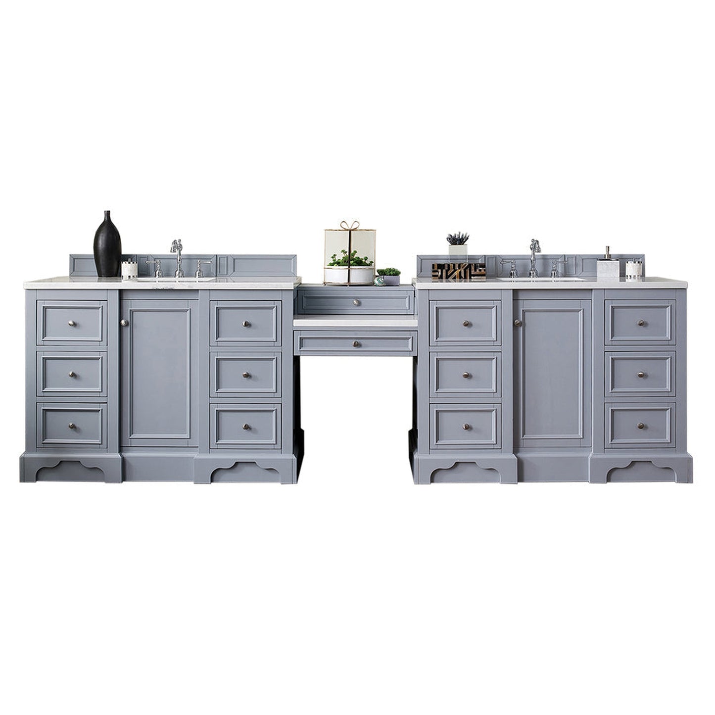 James Martin Vanities De Soto 118" Silver Gray Double Vanity Set With Makeup Table, 3cm Arctic Fall Solid Surface Top