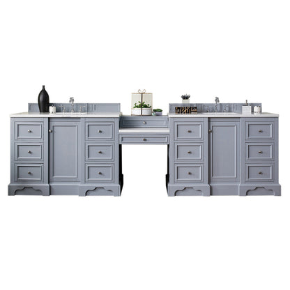 James Martin Vanities De Soto 118" Silver Gray Double Vanity Set With Makeup Table, 3cm Arctic Fall Solid Surface Top