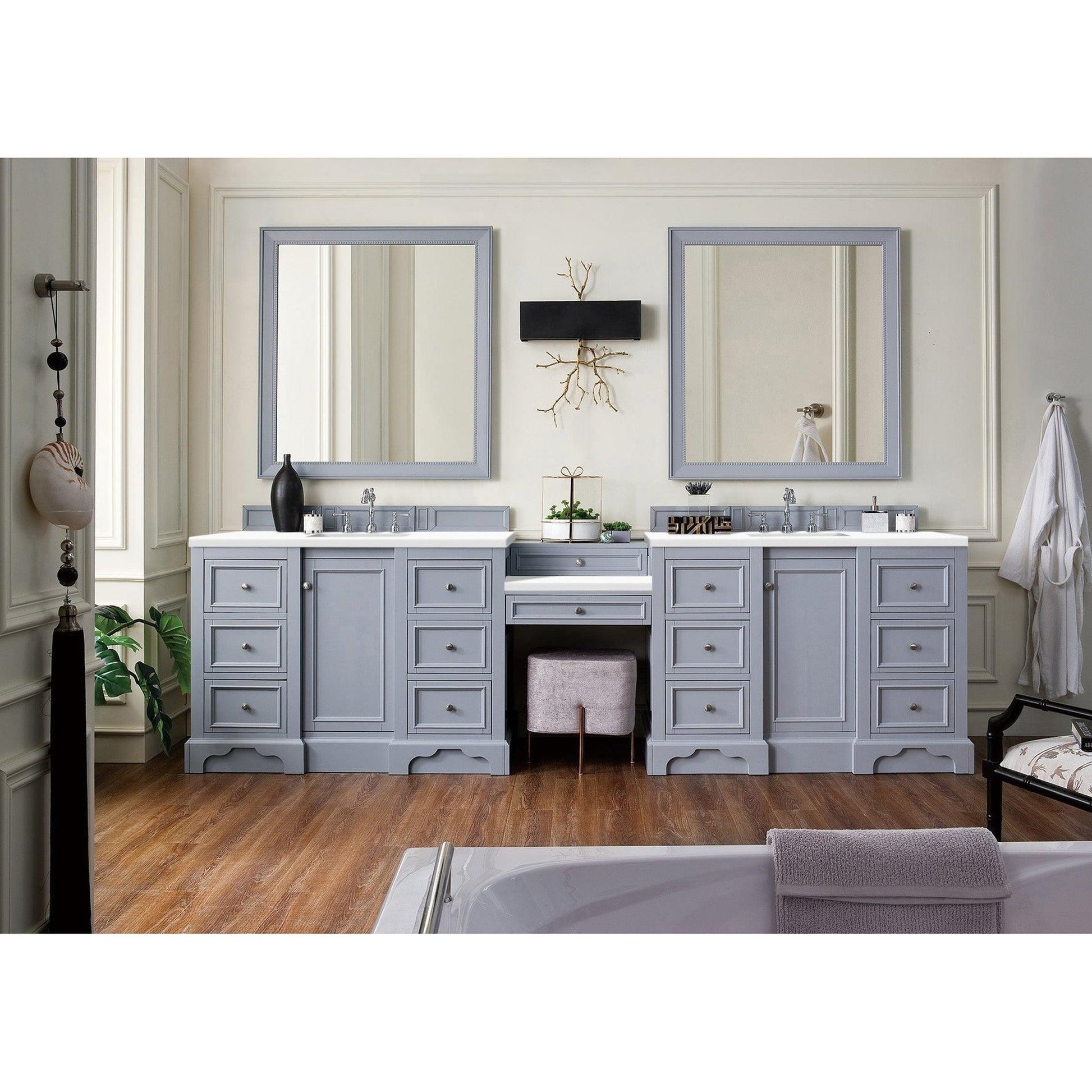 James Martin Vanities De Soto 118" Silver Gray Double Vanity Set With Makeup Table, 3cm White Zeus Quartz Top