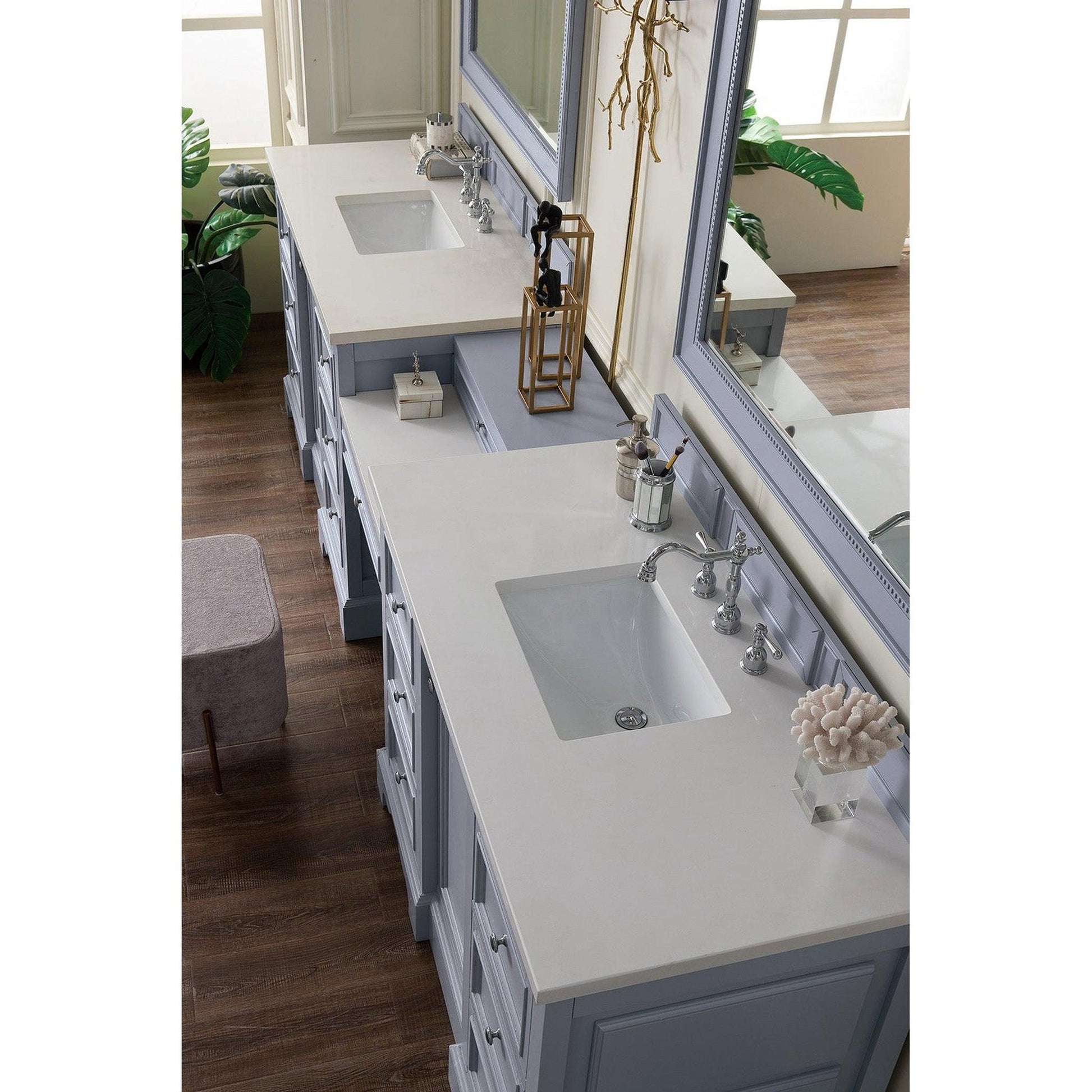 James Martin Vanities De Soto 118" Silver Gray Double Vanity Set With Makeup Table, 3cm White Zeus Quartz Top