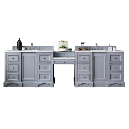 James Martin Vanities De Soto 118" Silver Gray Double Vanity Set With Makeup Table, 3cm White Zeus Quartz Top