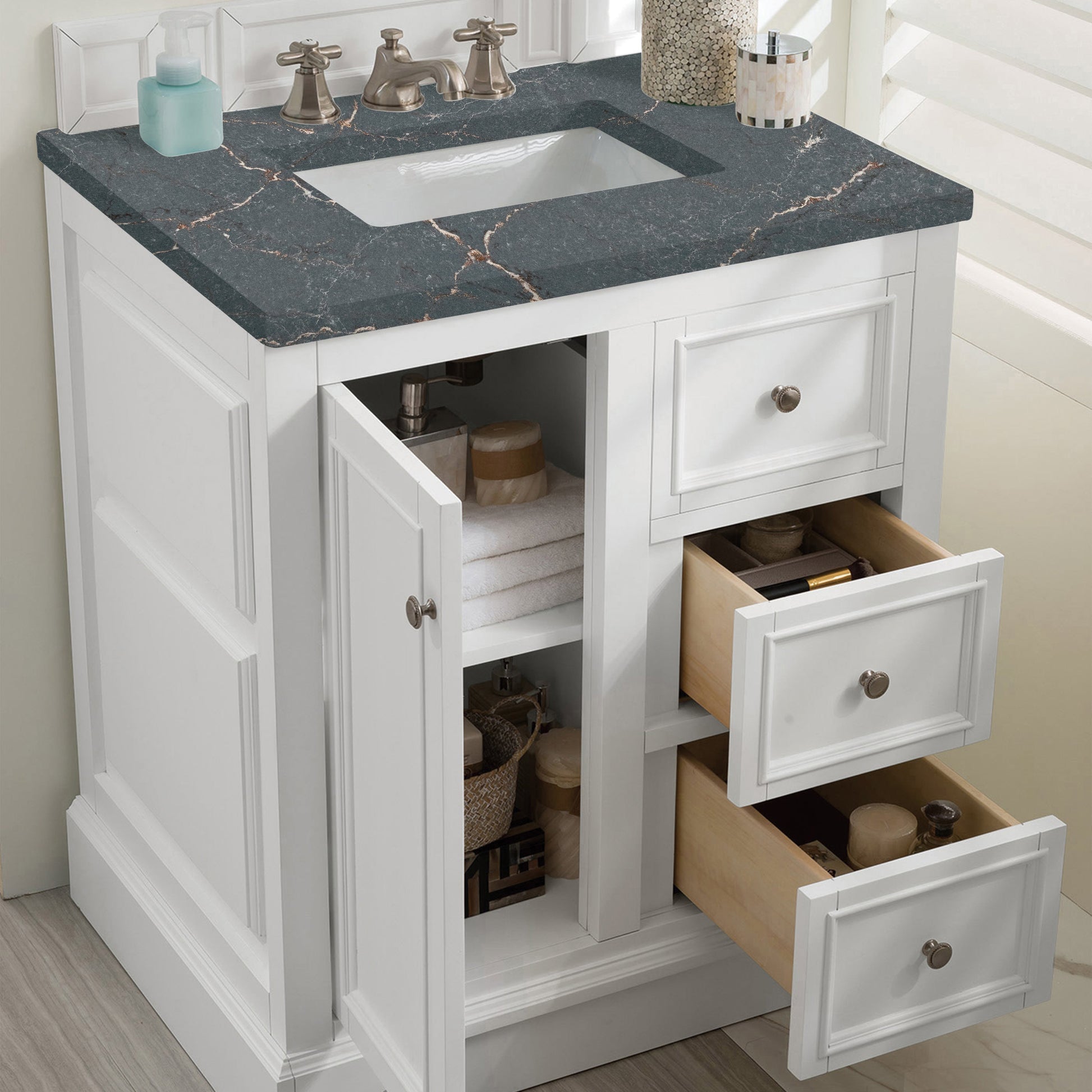 James Martin Vanities De Soto 30" Bright White Single Vanity With 3 cm Parisien Bleu Quartz Top