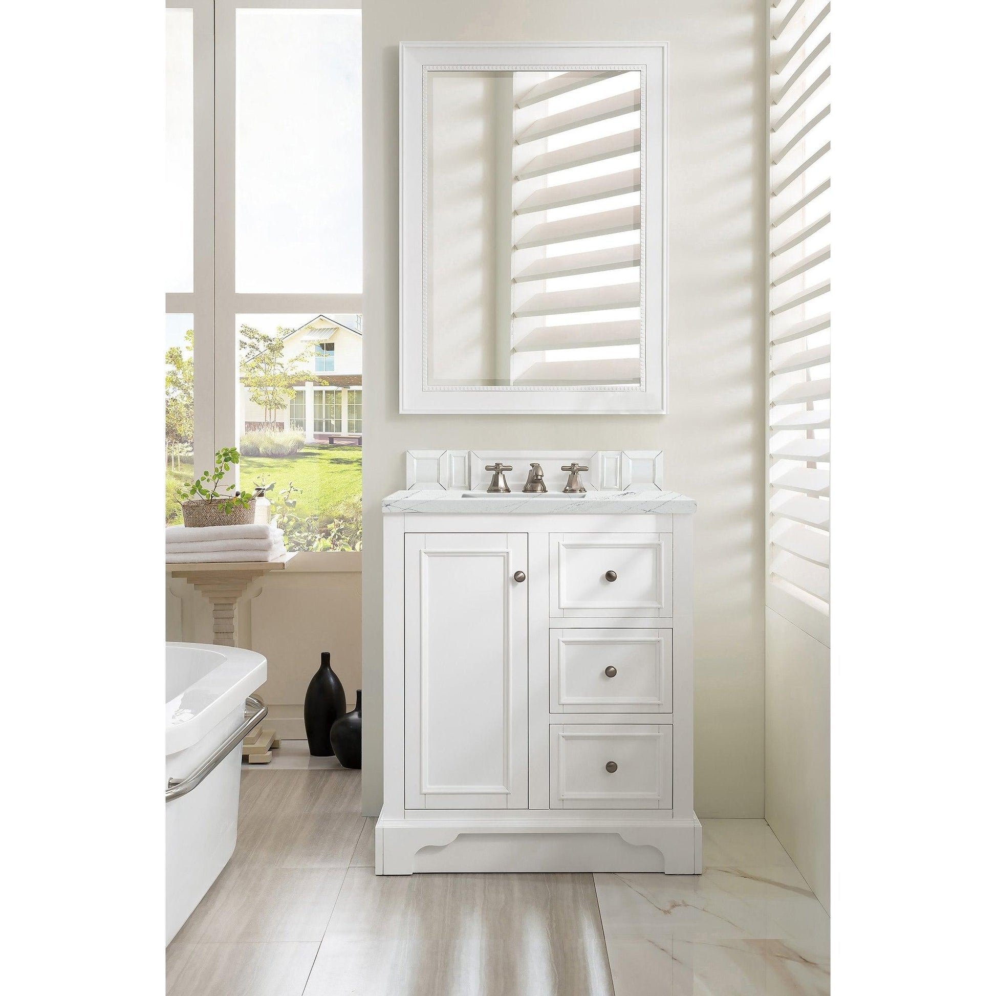 James Martin Vanities De Soto 30" Bright White Single Vanity With 3cm Ethereal Noctis Quartz Top