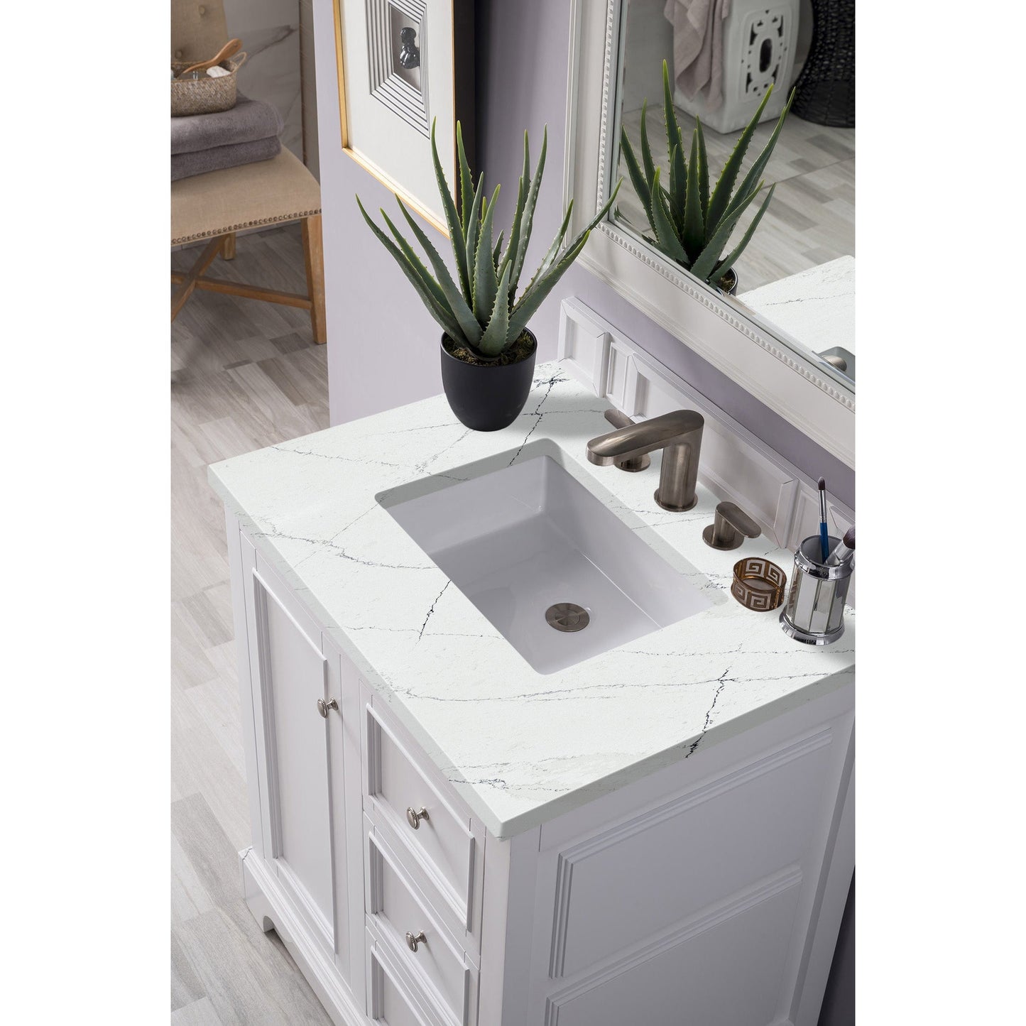 James Martin Vanities De Soto 30" Bright White Single Vanity With 3cm Ethereal Noctis Quartz Top