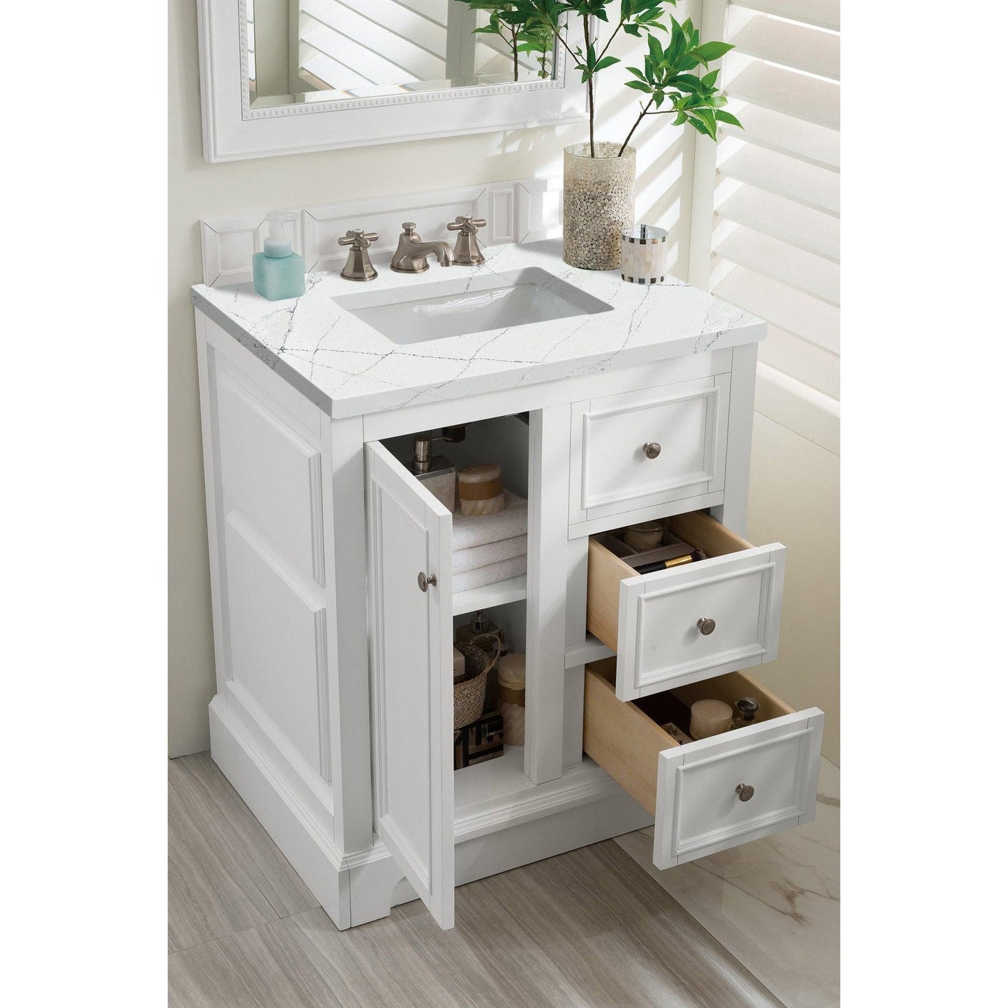 James Martin Vanities De Soto 30" Bright White Single Vanity With 3cm Ethereal Noctis Quartz Top