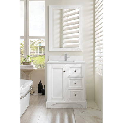 James Martin Vanities De Soto 30" Bright White Single Vanity With Single Hole 3 cm White Zeus Quartz Top & Backsplash