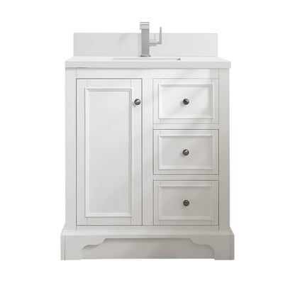 James Martin Vanities De Soto 30" Bright White Single Vanity With Single Hole 3 cm White Zeus Quartz Top & Backsplash