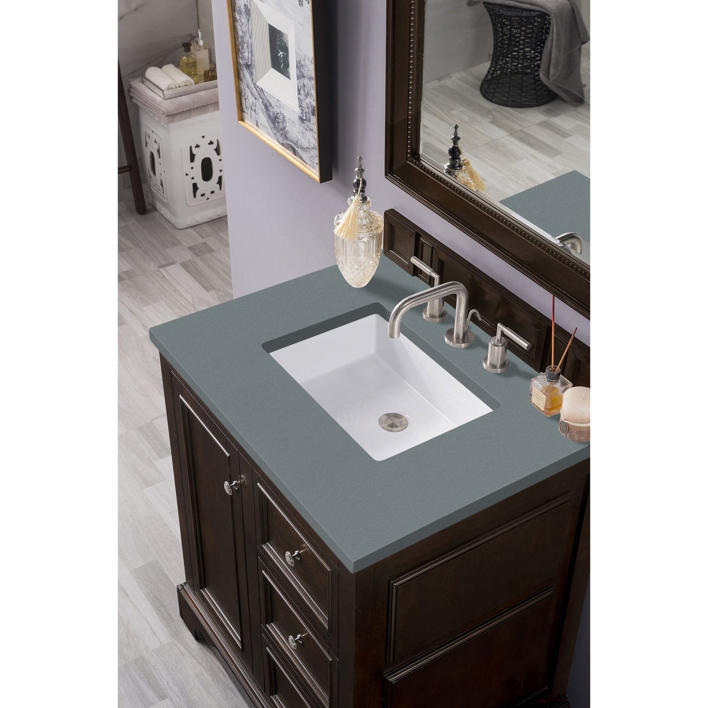 James Martin Vanities De Soto 30" Burnished Mahogany Single Vanity With 3cm Cala Blue Quartz Top