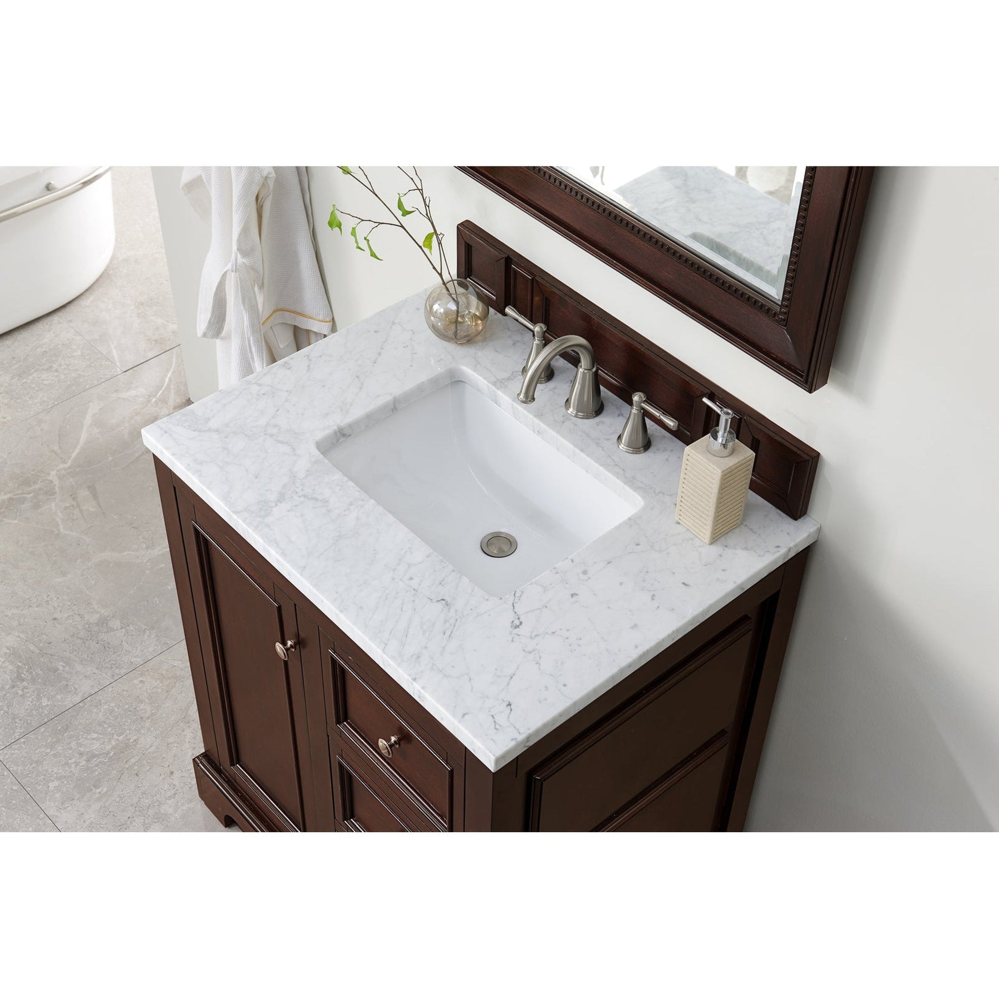 James Martin Vanities De Soto 30" Burnished Mahogany Single Vanity With 3cm Carrara Marble Top